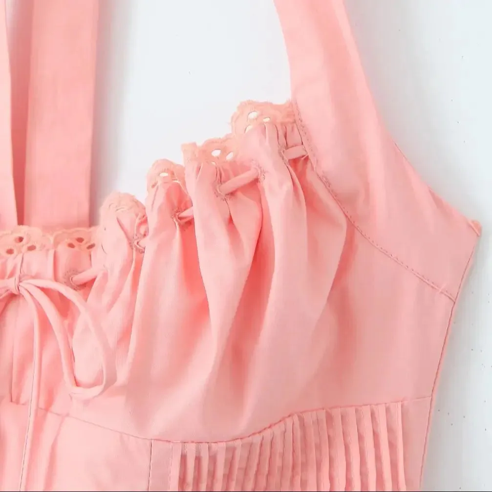 Pink Halter Stylish Drawstring Midi Dress