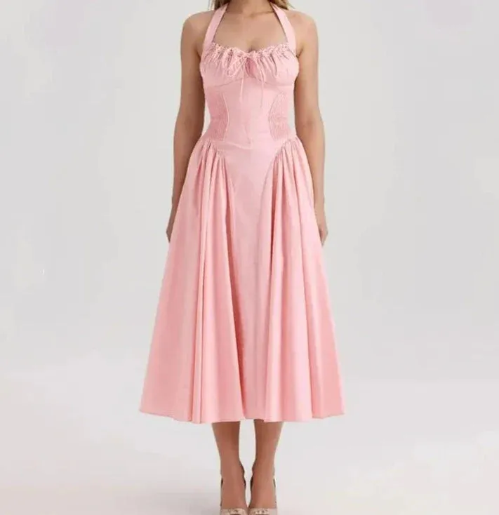 Pink Halter Stylish Drawstring Midi Dress