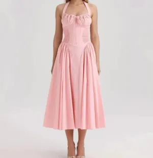 Pink Halter Stylish Drawstring Midi Dress