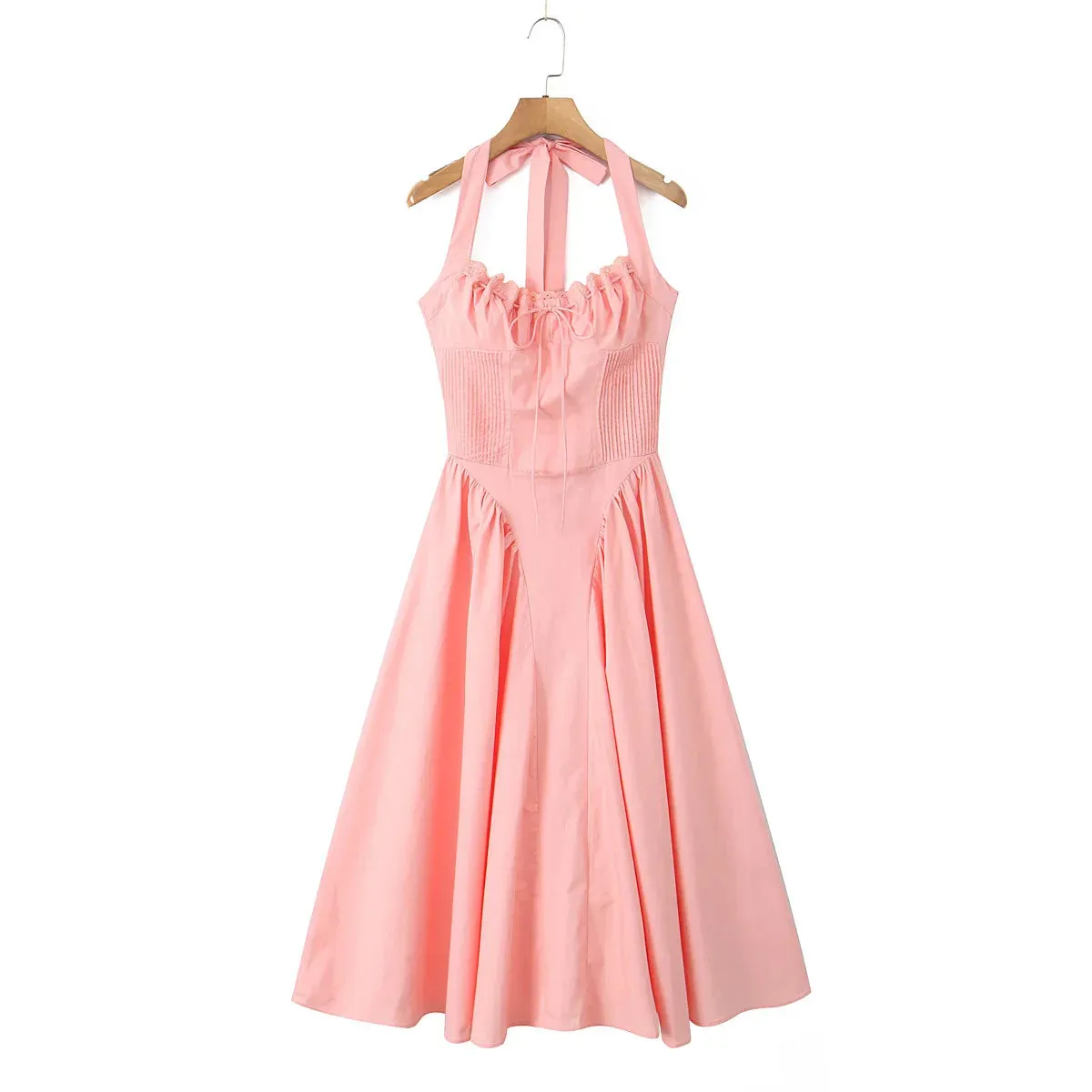 Pink Halter Stylish Drawstring Midi Dress