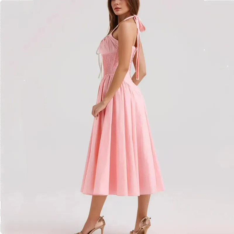 Pink Halter Stylish Drawstring Midi Dress