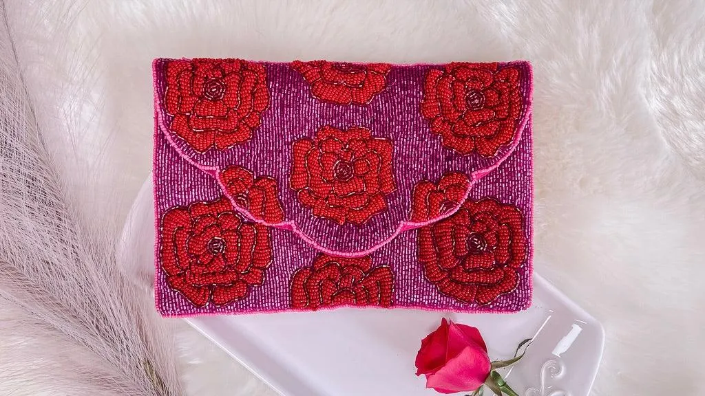 Red Roses On Pink Beaded Clutch