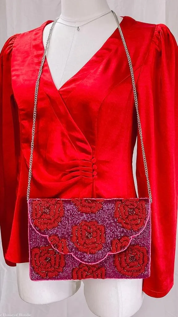 Red Roses On Pink Beaded Clutch