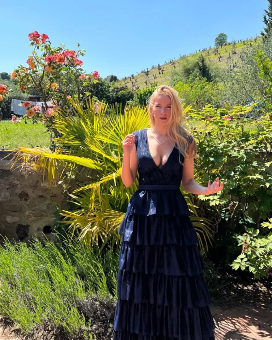 Ruffle Tiered Stylish Navy Gown