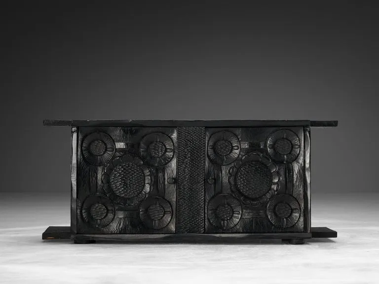 Sculptural Trunk in Black Lacquered Wood with Decorative Carvings