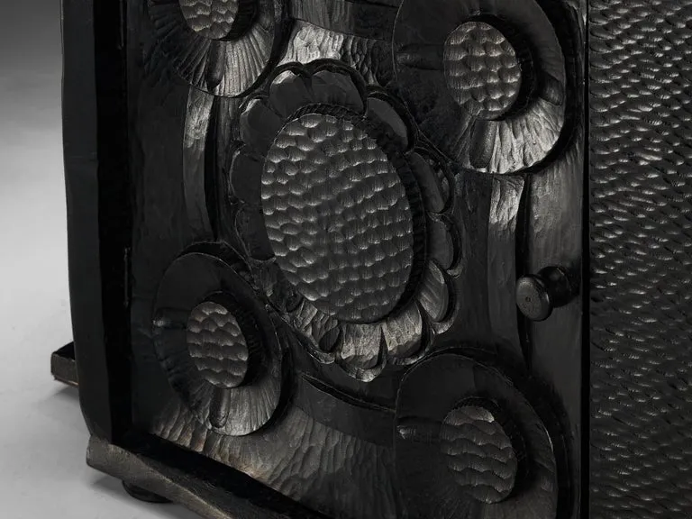 Sculptural Trunk in Black Lacquered Wood with Decorative Carvings