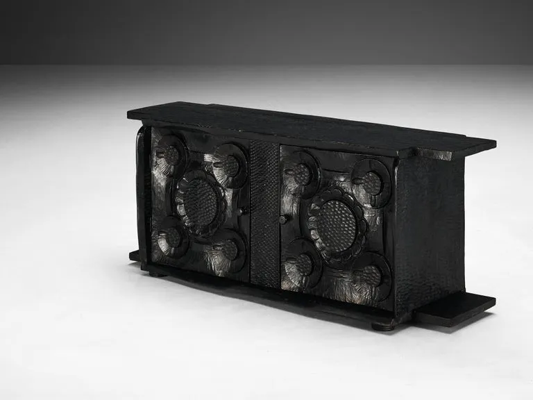 Sculptural Trunk in Black Lacquered Wood with Decorative Carvings