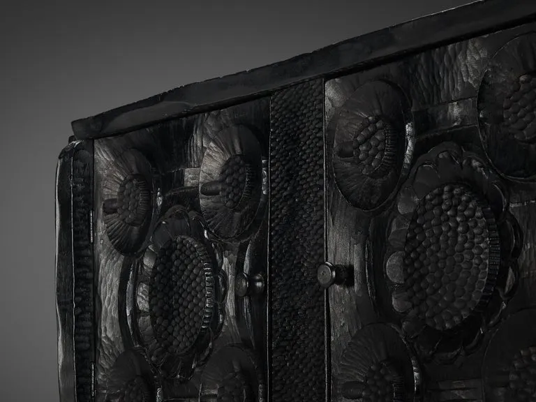 Sculptural Trunk in Black Lacquered Wood with Decorative Carvings