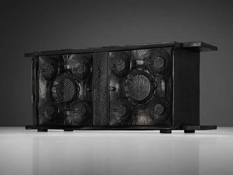 Sculptural Trunk in Black Lacquered Wood with Decorative Carvings