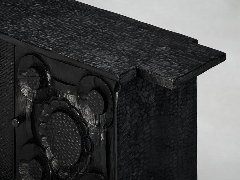 Sculptural Trunk in Black Lacquered Wood with Decorative Carvings