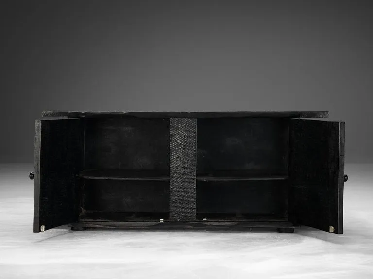 Sculptural Trunk in Black Lacquered Wood with Decorative Carvings
