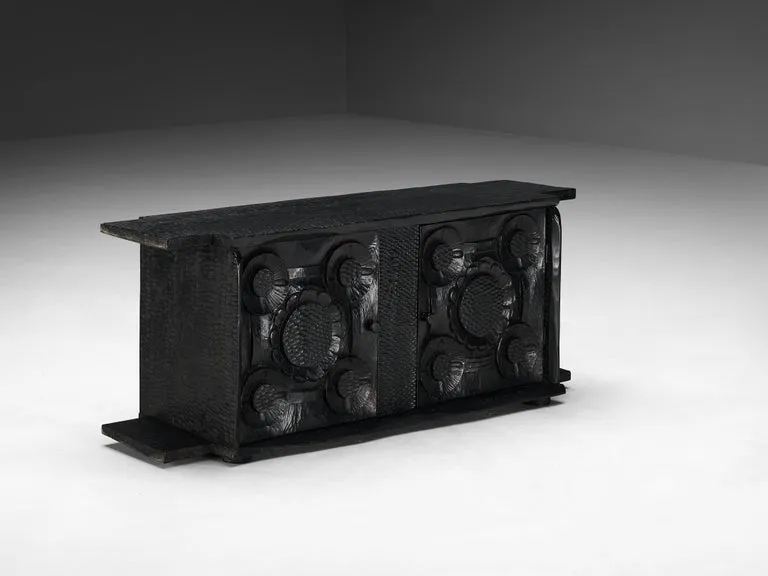 Sculptural Trunk in Black Lacquered Wood with Decorative Carvings
