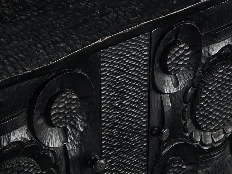 Sculptural Trunk in Black Lacquered Wood with Decorative Carvings