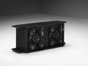 Sculptural Trunk in Black Lacquered Wood with Decorative Carvings