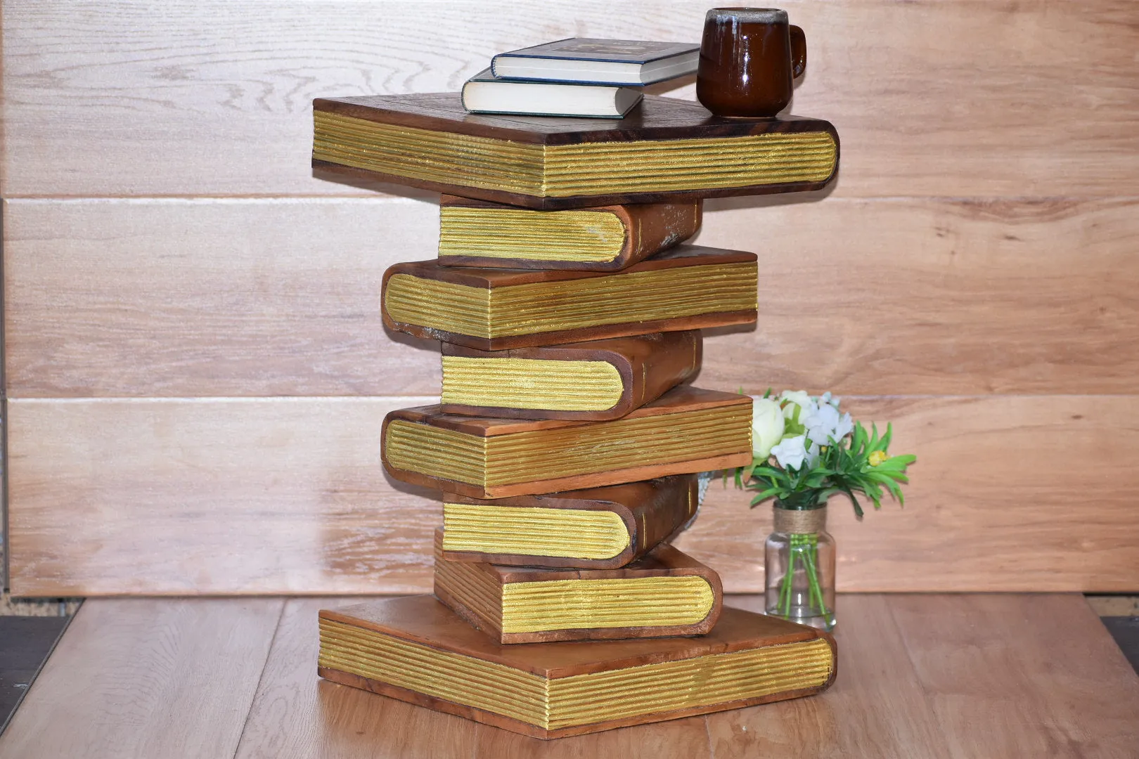 Side Table, corner Stool, Plant Stand Raintree Wood Natural Finish-Book Stack stool-Gold leaf Pages