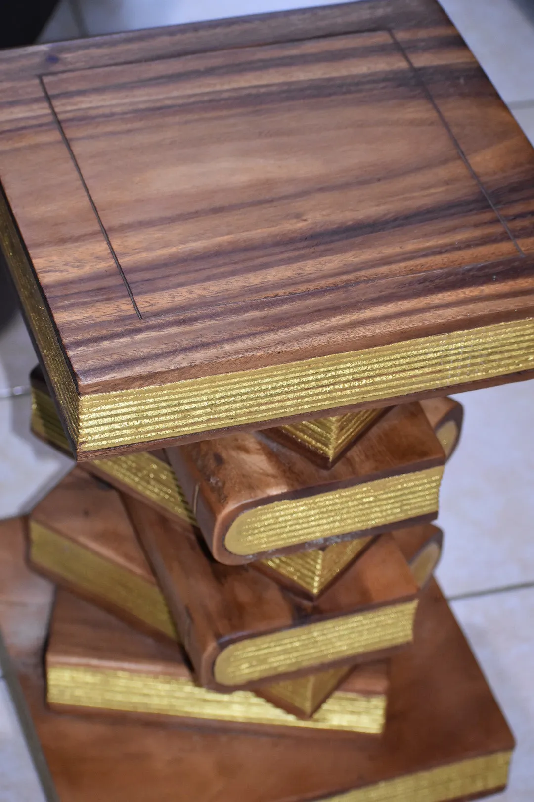 Side Table, corner Stool, Plant Stand Raintree Wood Natural Finish-Book Stack stool-Gold leaf Pages