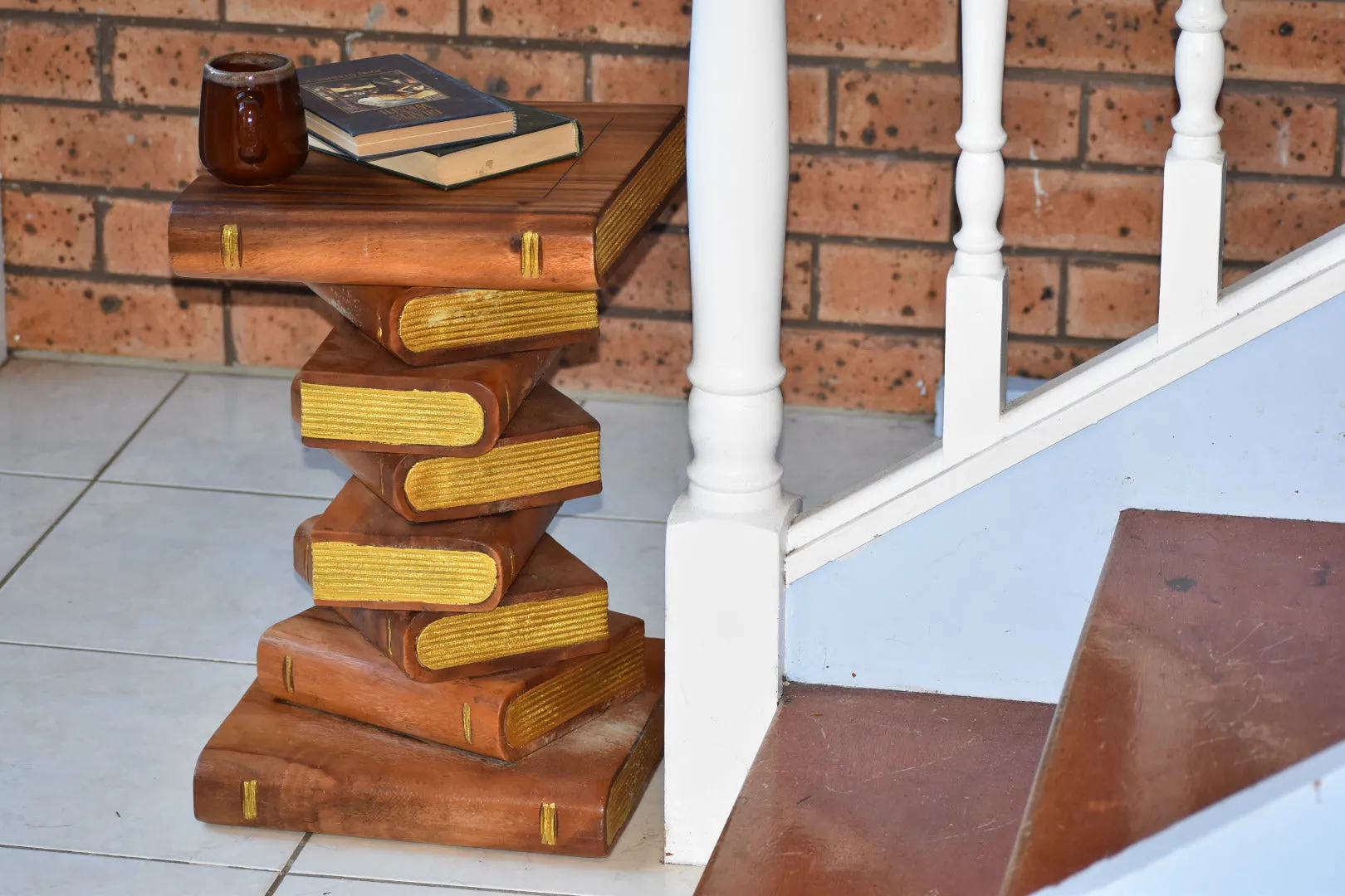 Side Table, corner Stool, Plant Stand Raintree Wood Natural Finish-Book Stack stool-Gold leaf Pages