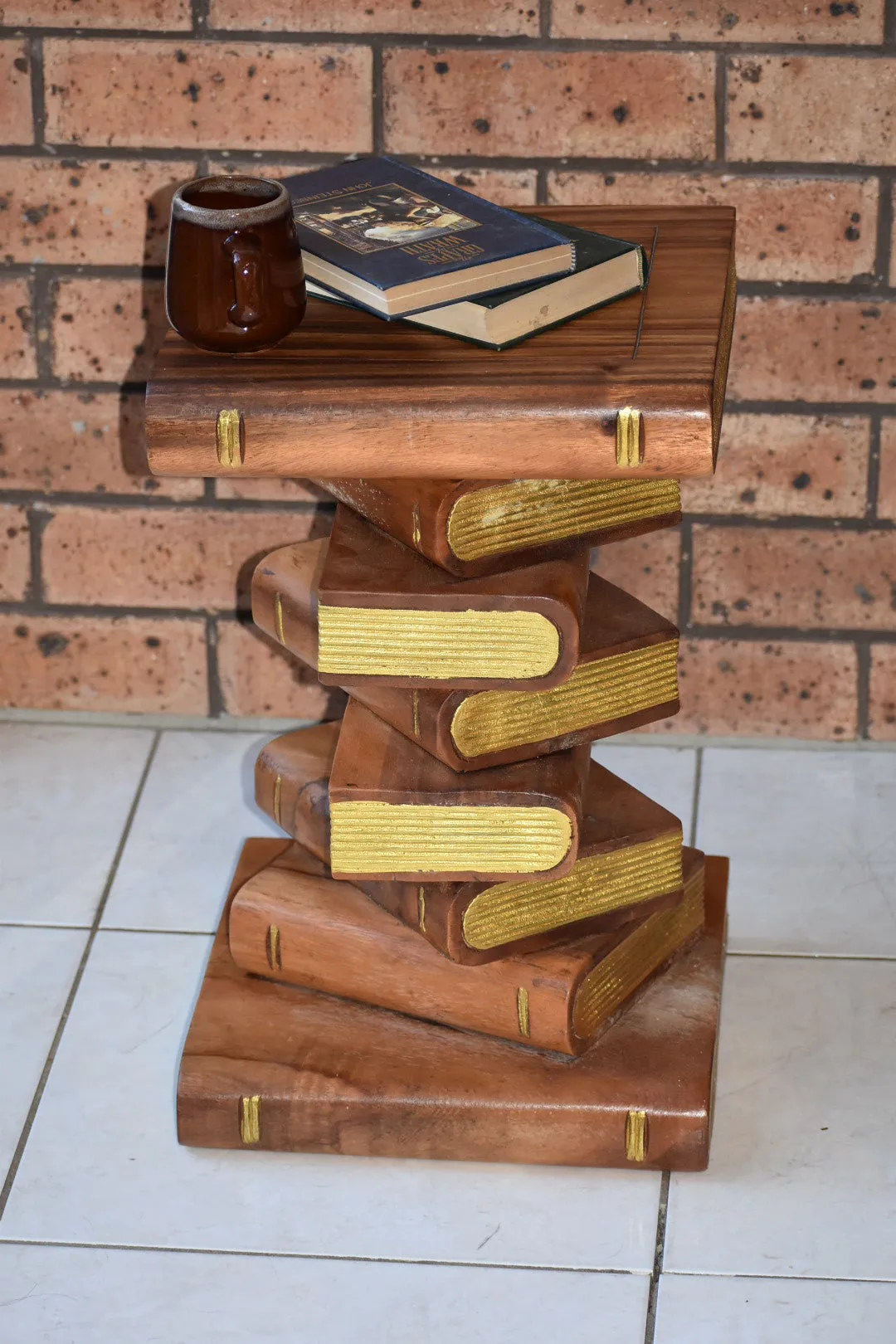 Side Table, corner Stool, Plant Stand Raintree Wood Natural Finish-Book Stack stool-Gold leaf Pages