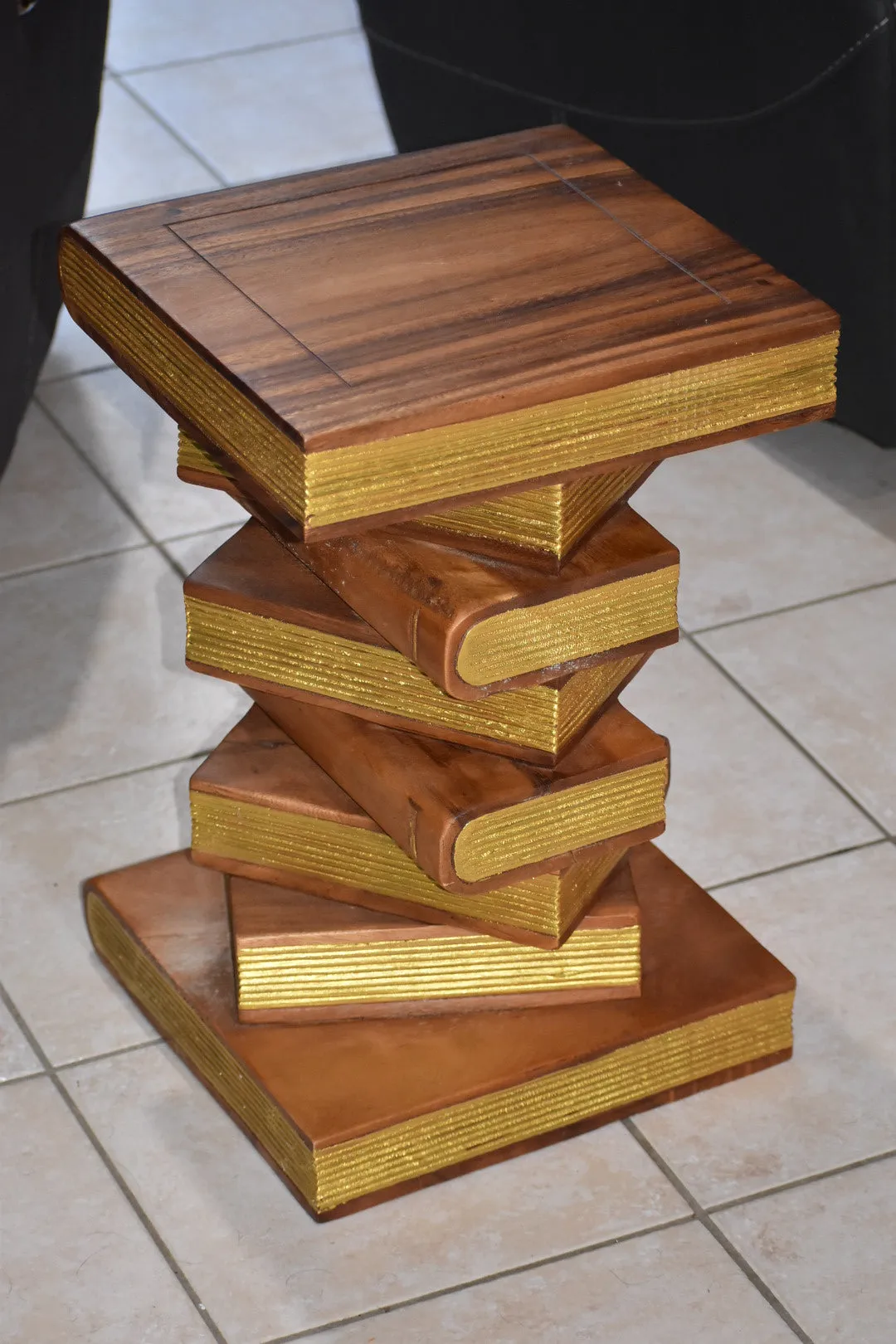 Side Table, corner Stool, Plant Stand Raintree Wood Natural Finish-Book Stack stool-Gold leaf Pages