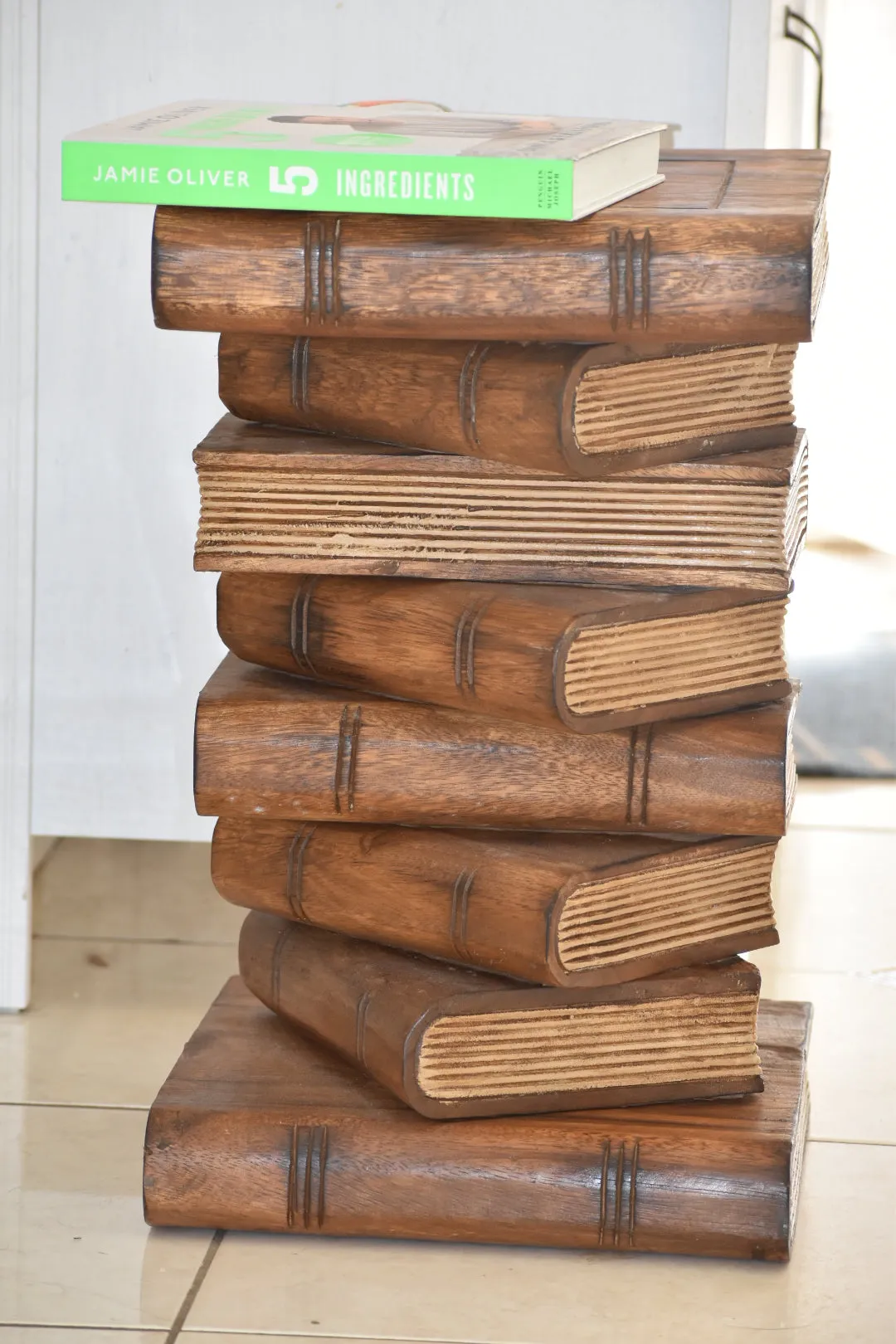 Side Table, corner Stool, Plant Stand Raintree Wood Natural Finish-Book Stack stool-Gold leaf Pages