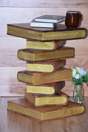 Side Table, corner Stool, Plant Stand Raintree Wood Natural Finish-Book Stack stool-Gold leaf Pages