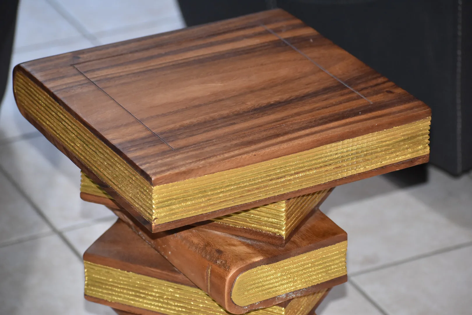 Side Table, corner Stool, Plant Stand Raintree Wood Natural Finish-Book Stack stool-Gold leaf Pages