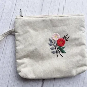 Small Rose Beige Flower Embroidered Cosmetic Bag