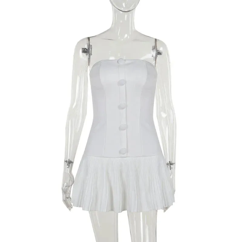 Strapless Pleated Stylish Buttoned Mini Dress