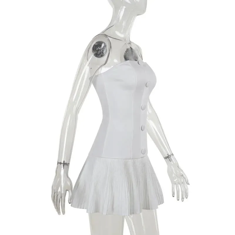 Strapless Pleated Stylish Buttoned Mini Dress