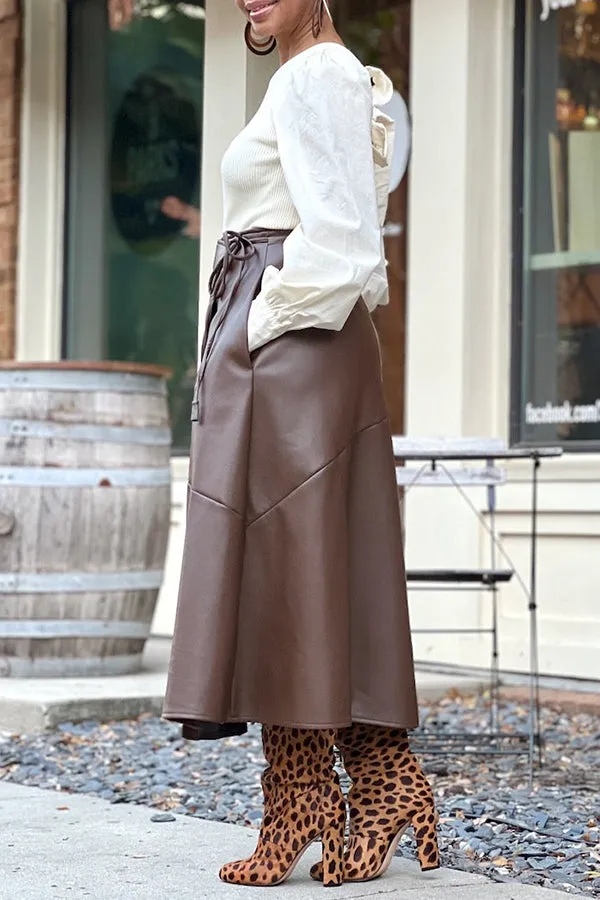Stylish Faux Leather Belted Skirt