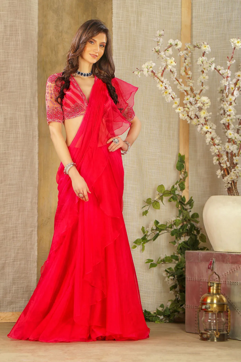 Stylish Pink Drape Saree