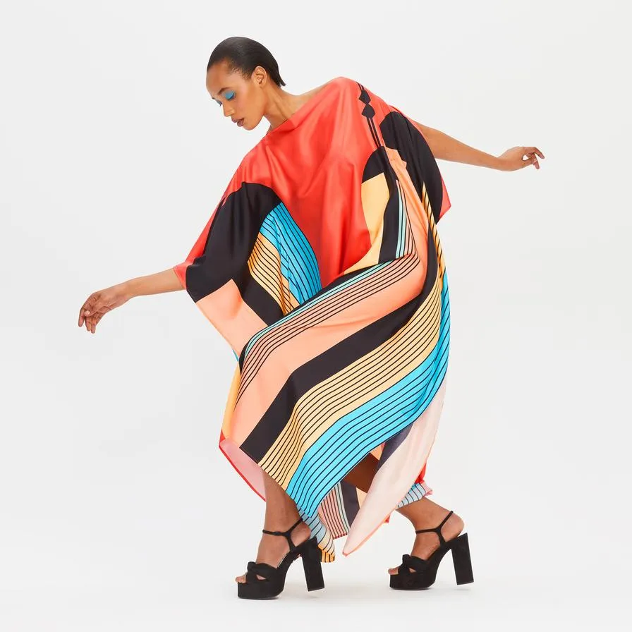 Sunset Disco Satin Silk Kaftan Dress