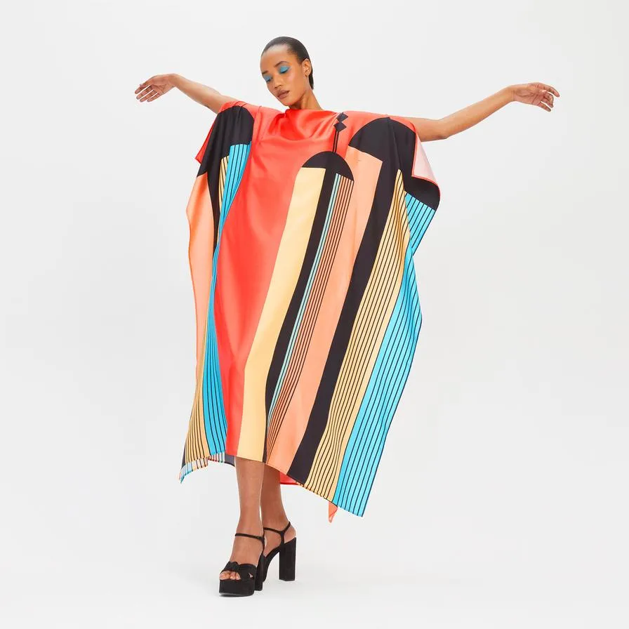 Sunset Disco Satin Silk Kaftan Dress