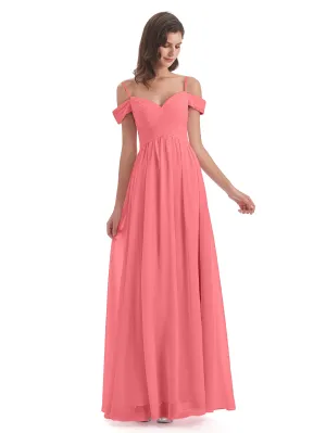 Watermelon Color Bridesmaid Dresses Gorgeous Chiffon Off The Shoulder Long Bridesmaid Dresses