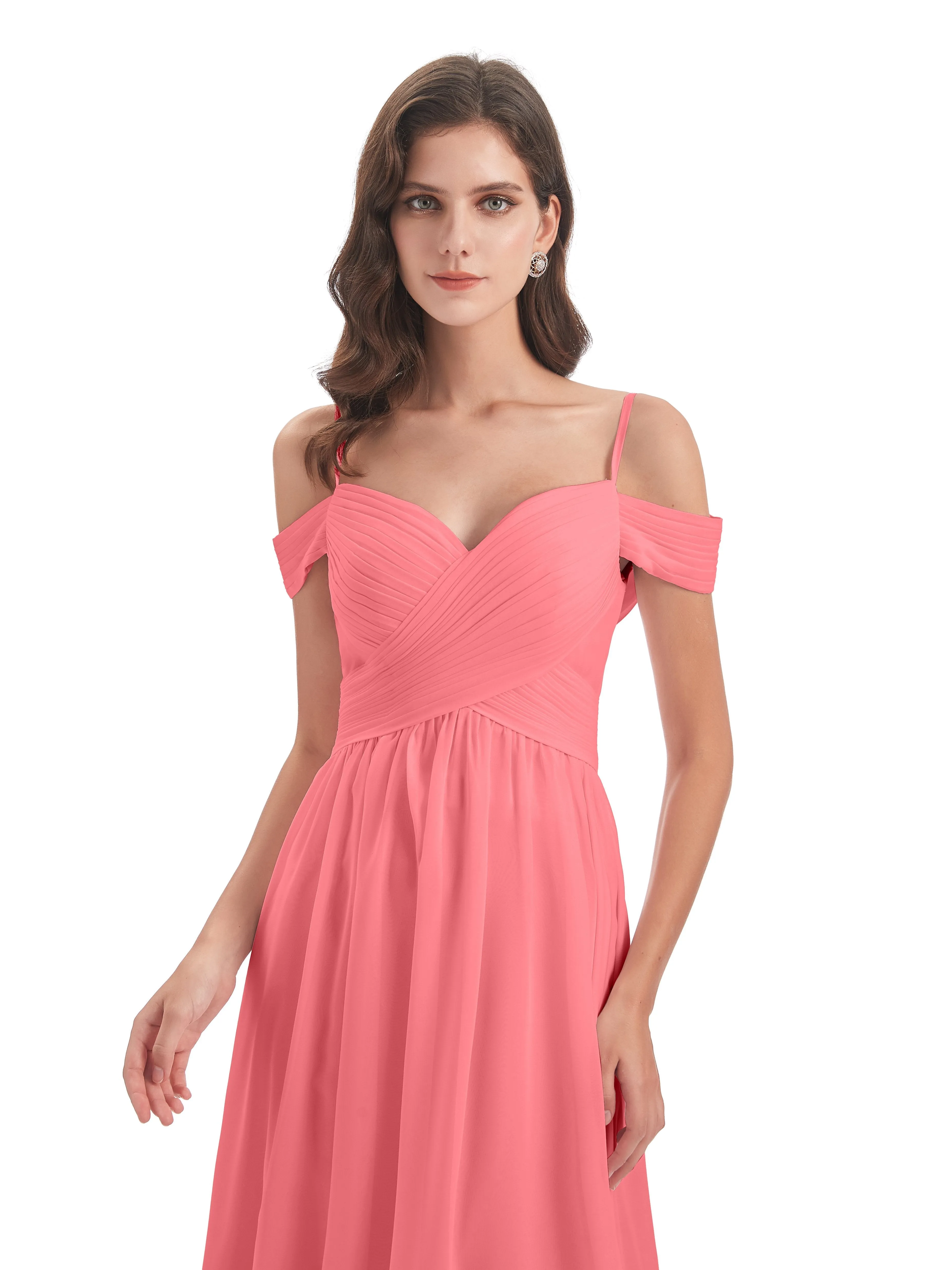Watermelon Color Bridesmaid Dresses Gorgeous Chiffon Off The Shoulder Long Bridesmaid Dresses