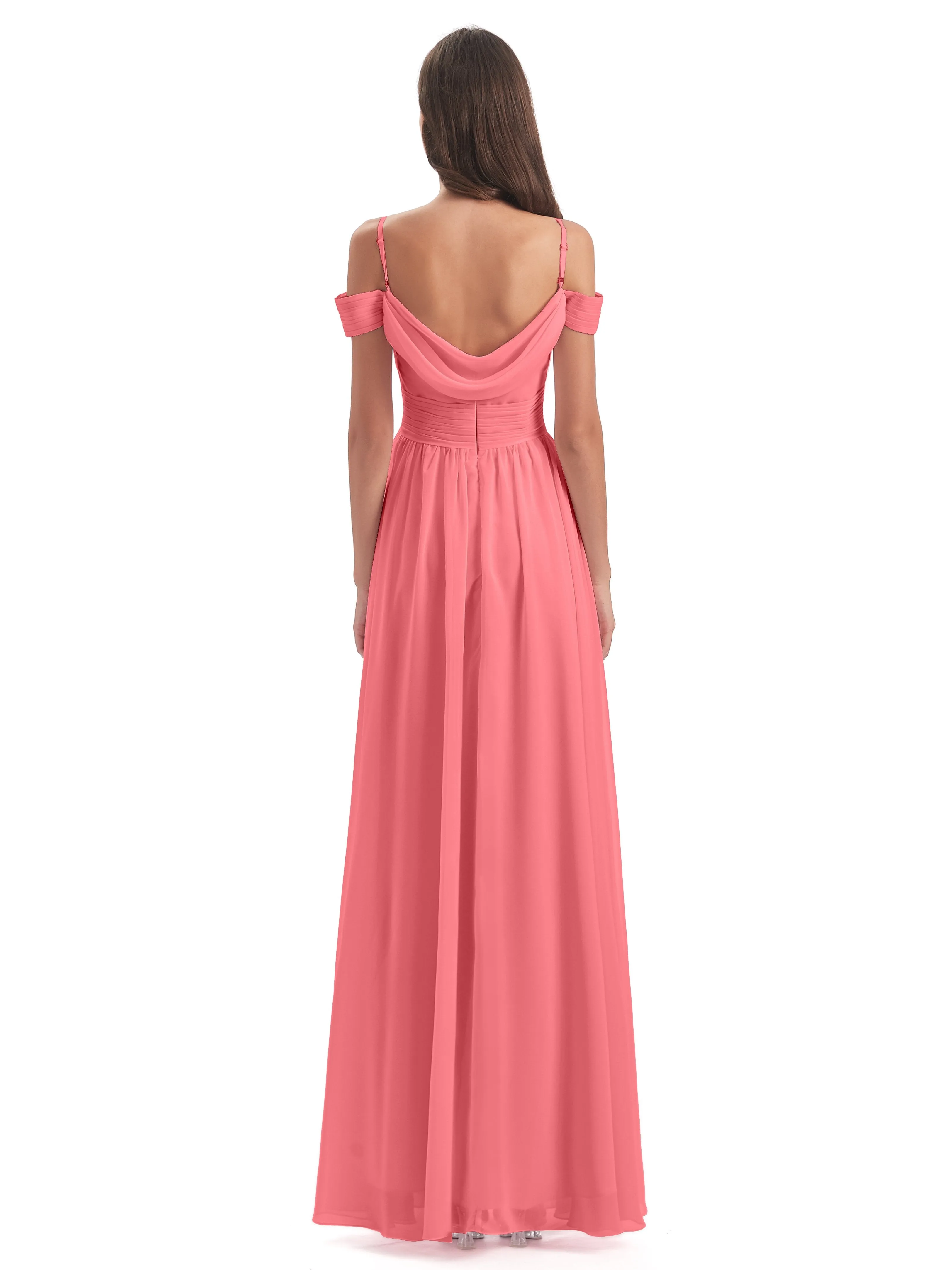 Watermelon Color Bridesmaid Dresses Gorgeous Chiffon Off The Shoulder Long Bridesmaid Dresses