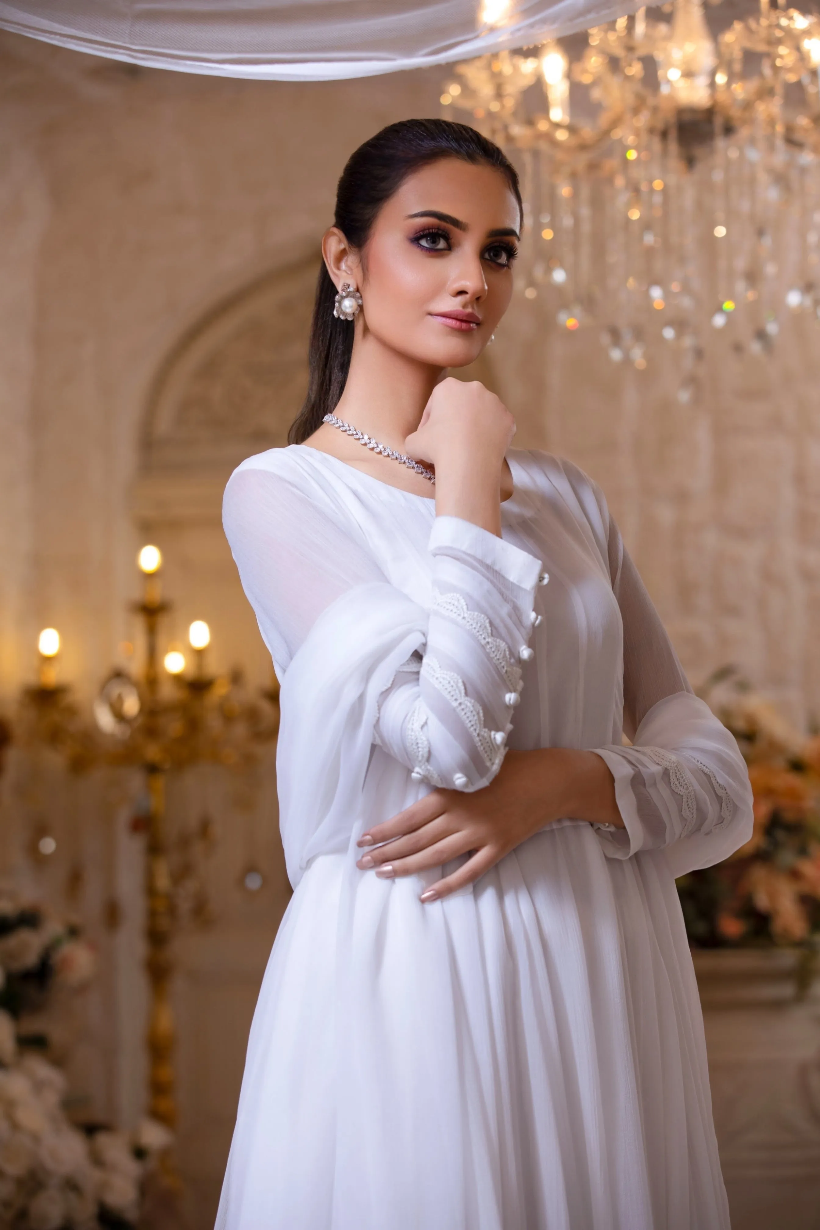 White Embellished Chiffon Frock (Mah-Noor)