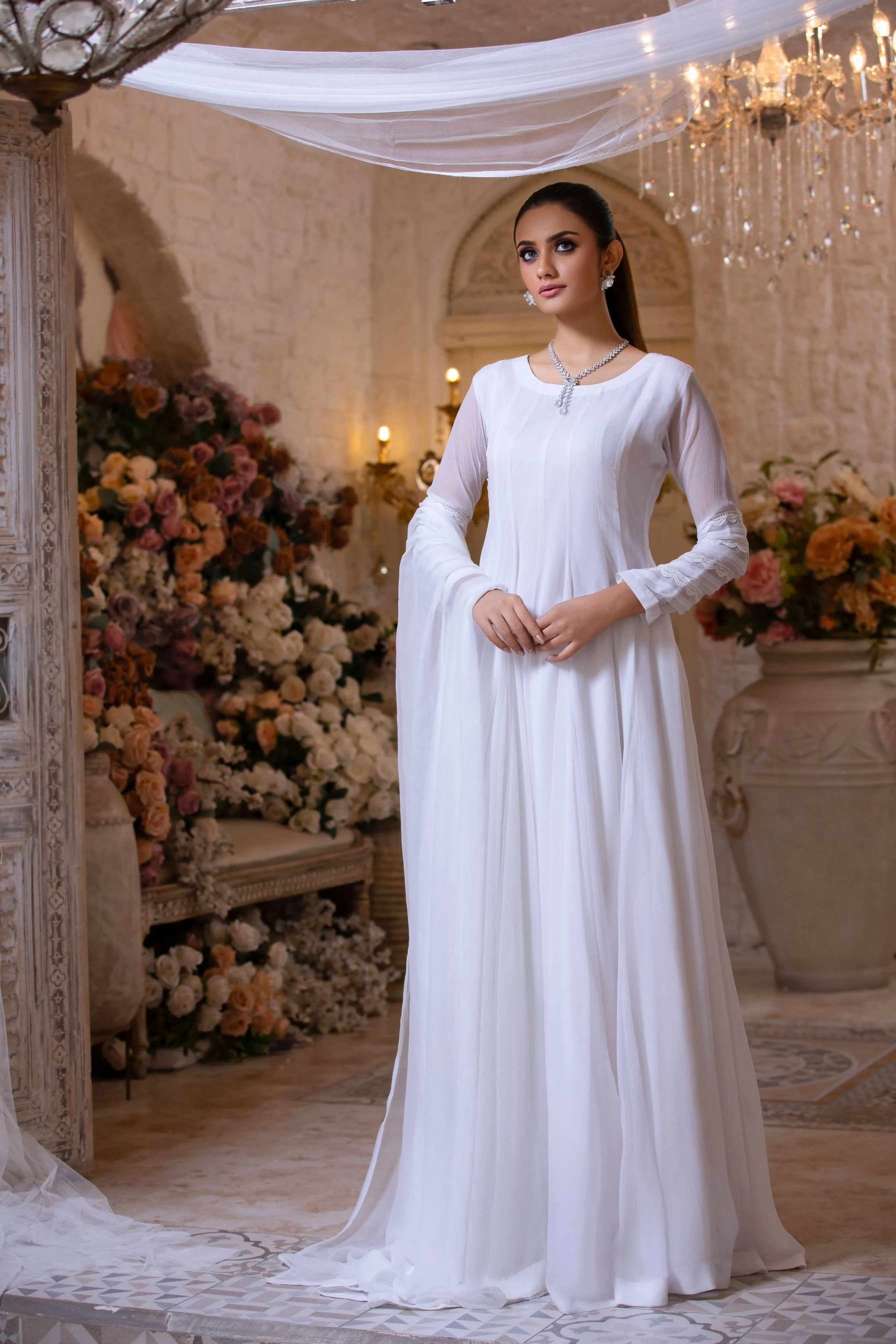 White Embellished Chiffon Frock (Mah-Noor)
