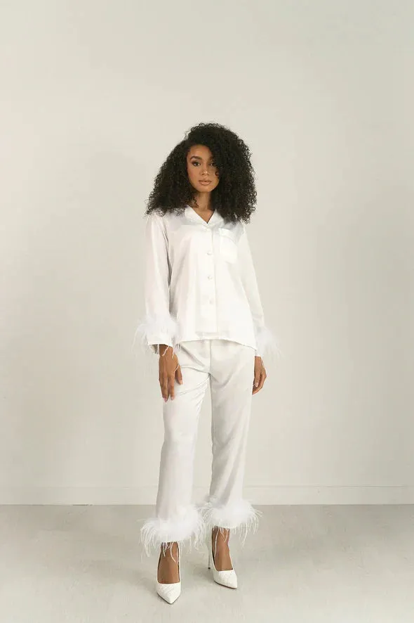 White Satin Stylish Feather PJs