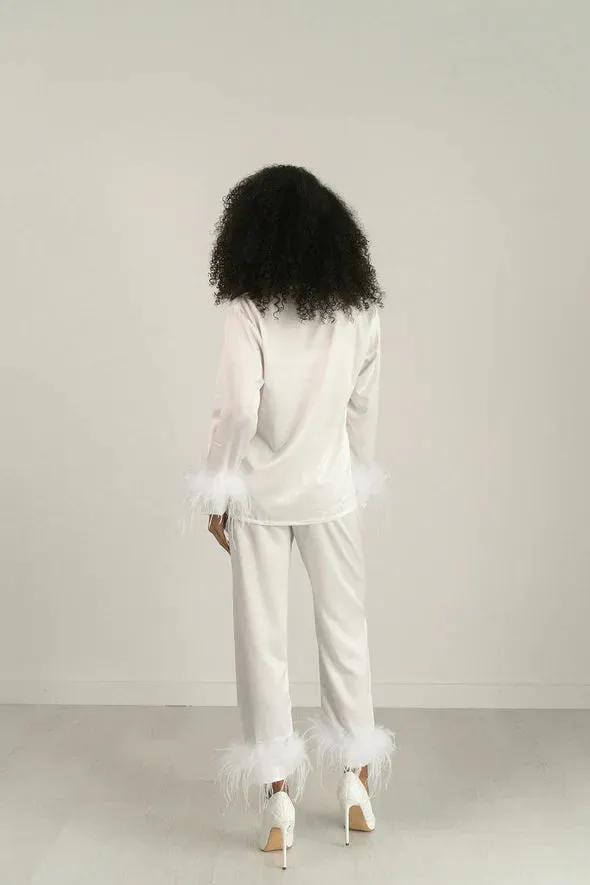 White Satin Stylish Feather PJs