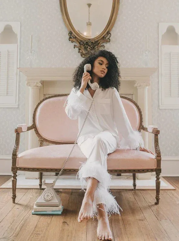 White Satin Stylish Feather PJs