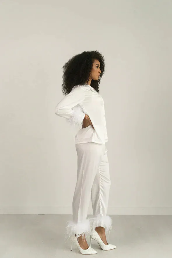 White Satin Stylish Feather PJs