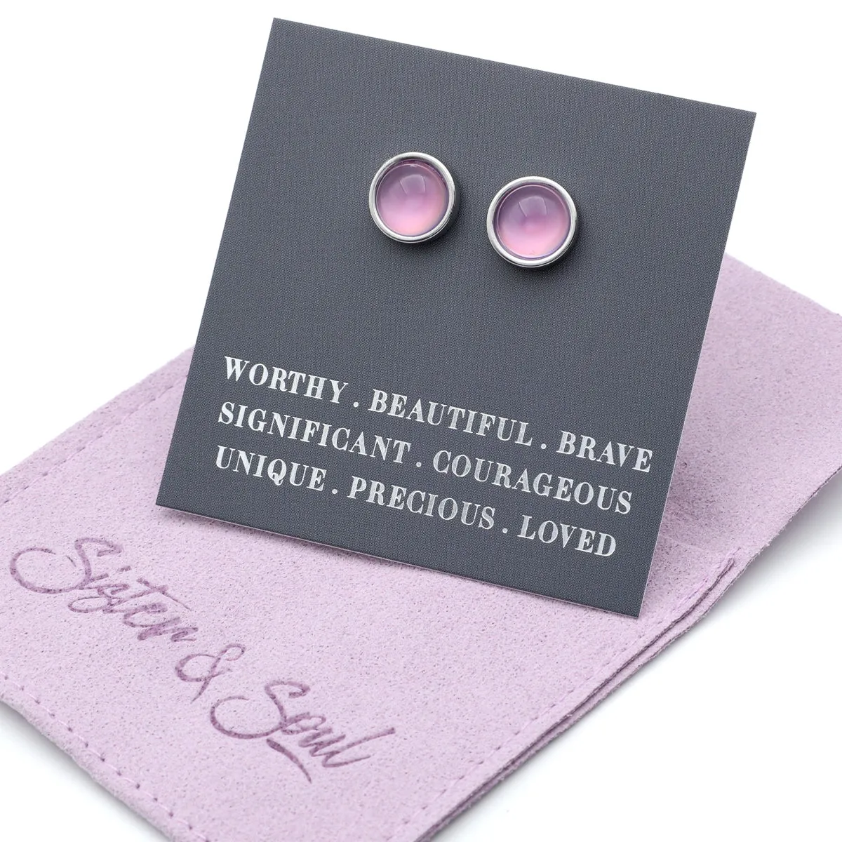 Worthy Beautiful Brave - Silver Stainless Steel 8mm Circle Studs - Soft Plum Pearl Resin (11433)