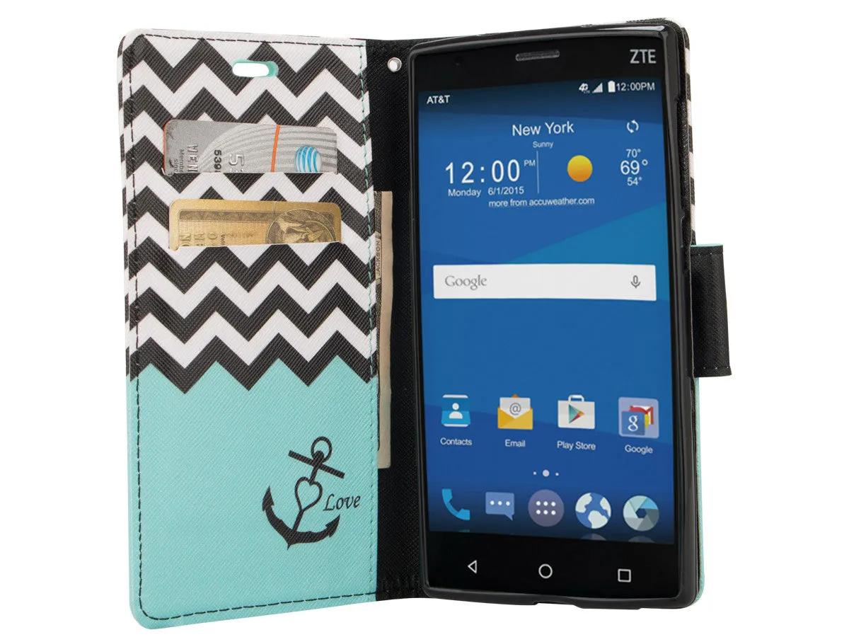 ZTE ZMAX 2 | Z958 Case, Wrist Strap Magnetic Fold[Kickstand] Pu Leather Wallet Case with ID & Credit Card Slots for ZTE ZMAX 2 - Teal Anchor