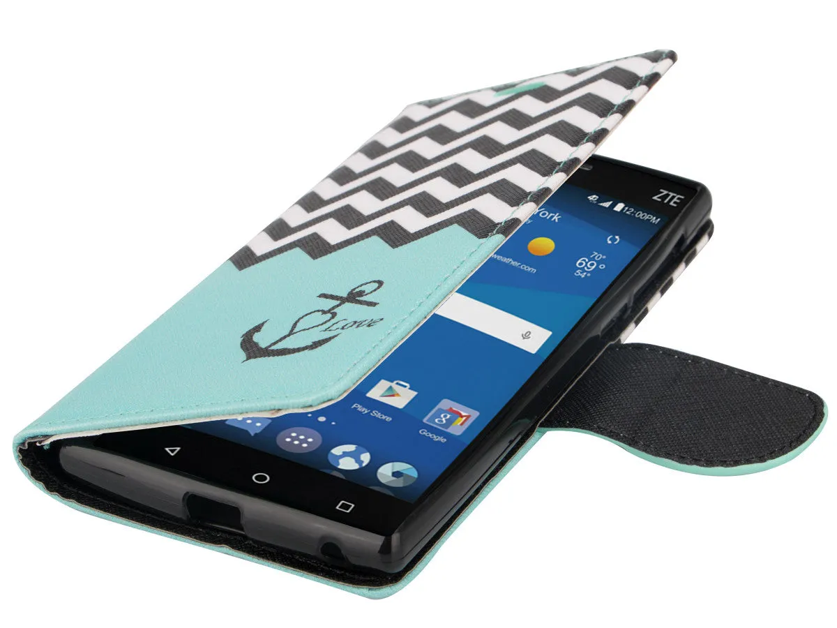 ZTE ZMAX 2 | Z958 Case, Wrist Strap Magnetic Fold[Kickstand] Pu Leather Wallet Case with ID & Credit Card Slots for ZTE ZMAX 2 - Teal Anchor